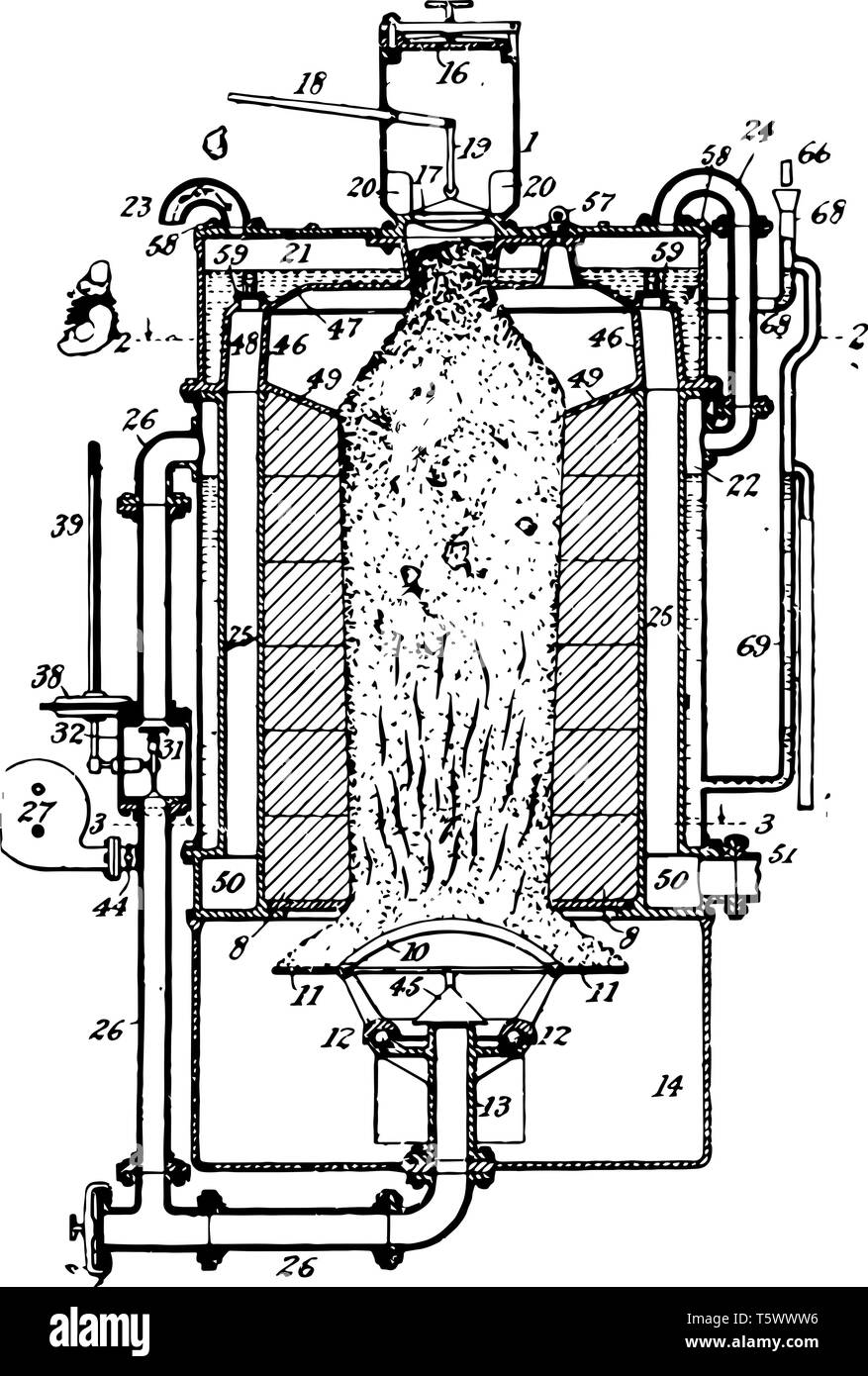 This illustration represents Gas Producer which usually mounted on top of an internal combustion engine vintage line drawing or engraving illustration Stock Vector