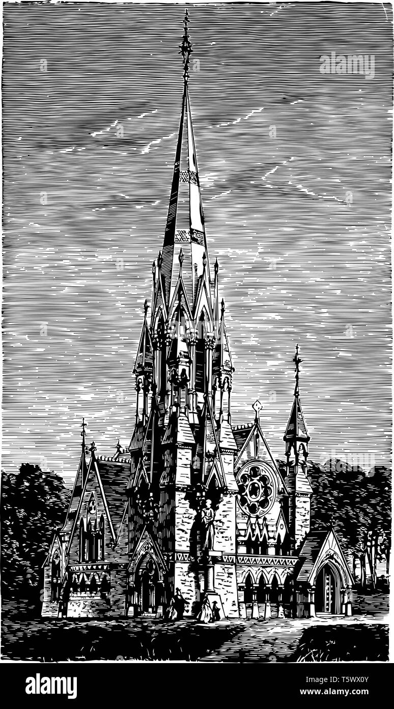 Memorial Church in Scotland have been constructed in various styles grace at the center of Harvard Yard community and beyond vintage line drawing or e Stock Vector