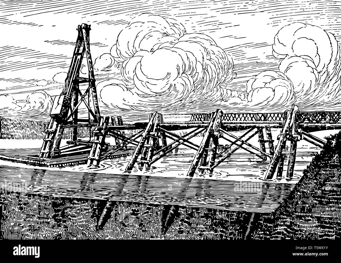 Caesars Bridge Over the Rhine built by Julius Caesar his legionaries to aid in crossing the Rhine River considered masterpieces of military engineerin Stock Vector