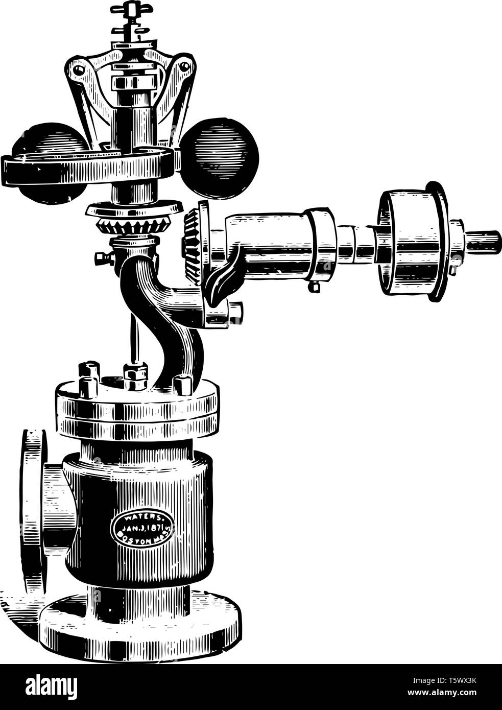 This illustration represents Waters Spring Governor with Safety Stop and variation in height being due to the action the bell crank levels connecting  Stock Vector