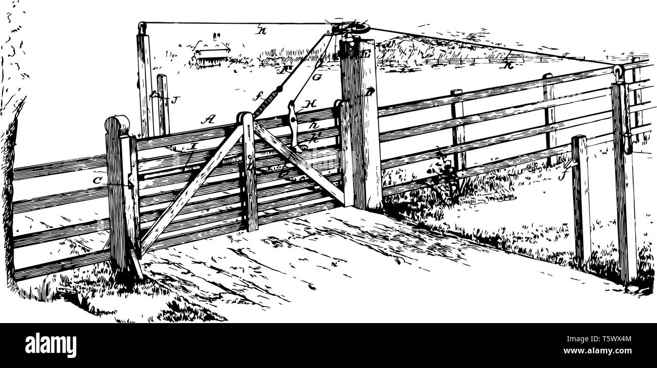 Wooden Locking Gate entry exit fence gateway opening Passage port yett vintage line drawing or engraving illustration Stock Vector