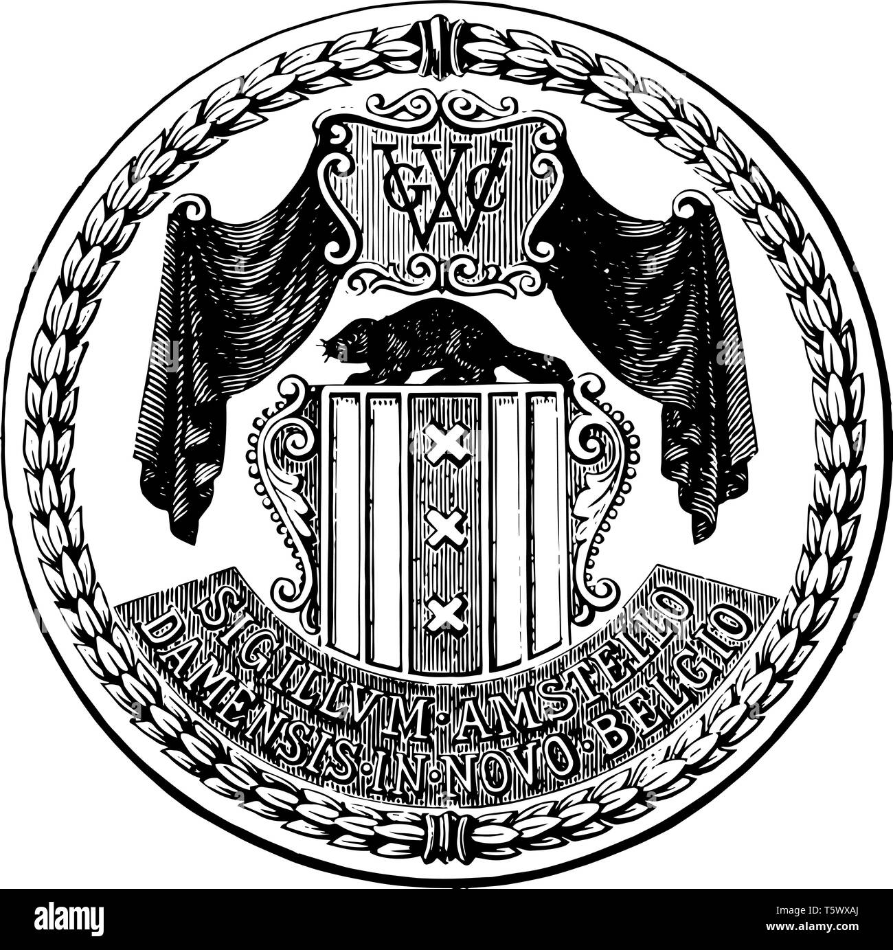 Seal of New Amsterdam it has shield shape in center on that one animal is sitting above that letter GWC and two curtains both the side vintage line dr Stock Vector