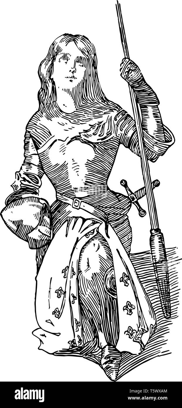 Joan of Arc she was famous as heroine of France for her role during the Lancastrian phase of the hundred years war vintage line drawing or engraving i Stock Vector