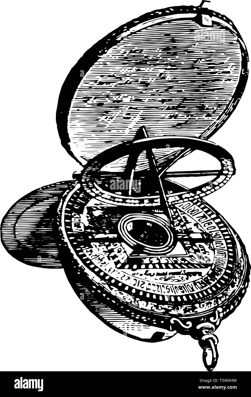 Astrolabe an obsolete astronomical instrument of different forms vintage line drawing or engraving illustration. Stock Vector