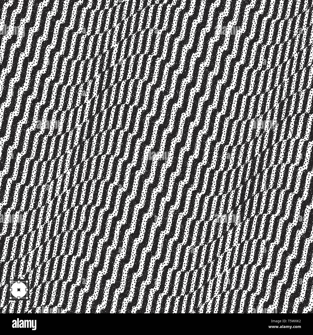 Abstract 3D geometrical background. Black and white grainy design. Pointillism pattern with optical illusion. Stippled vector illustration. Stock Vector