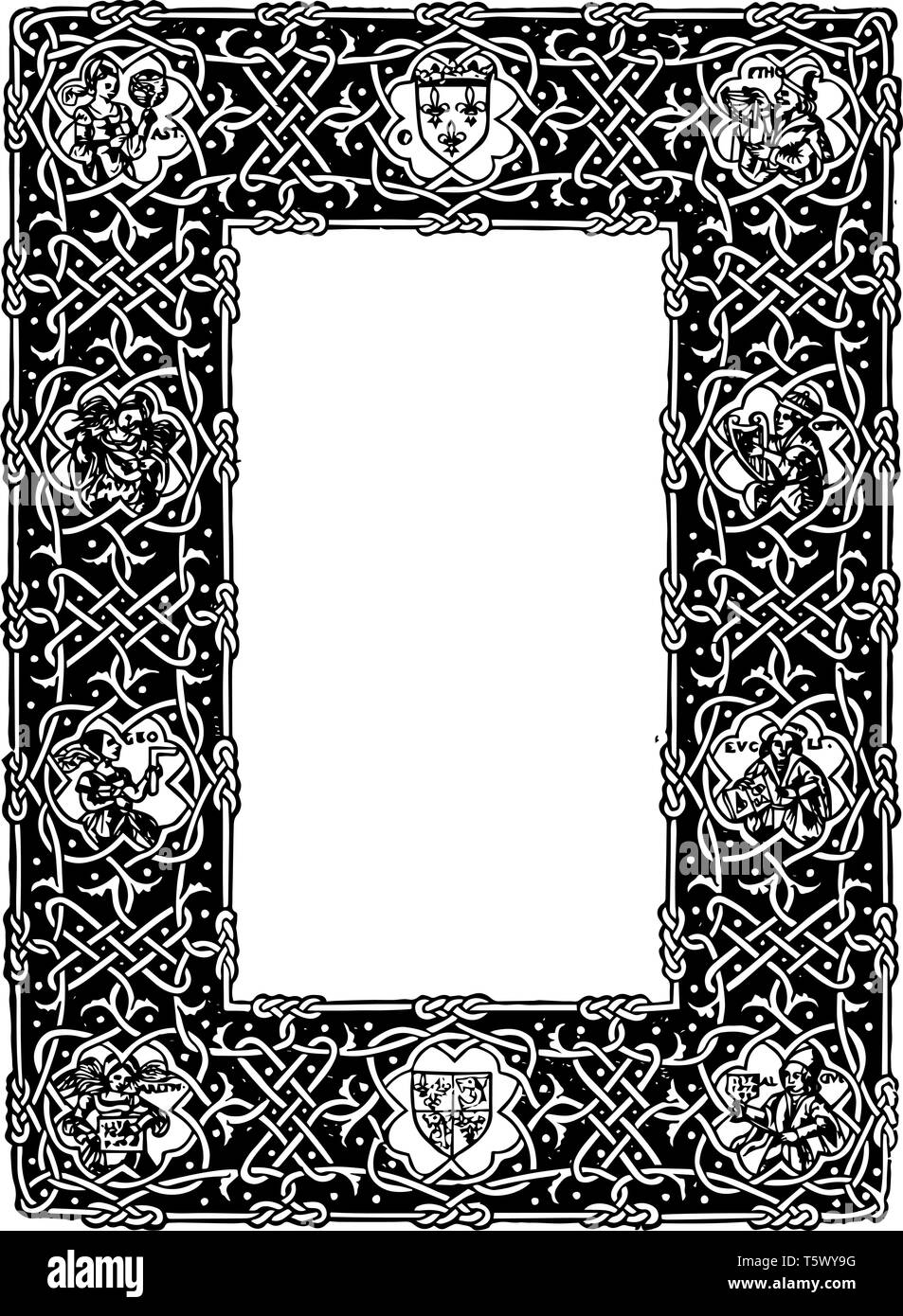 Oronce Fine was designed by Oronce Fine a French Mathematician and Cartographer in 1534 it has a design of scrolls all around and images of figures vi Stock Vector