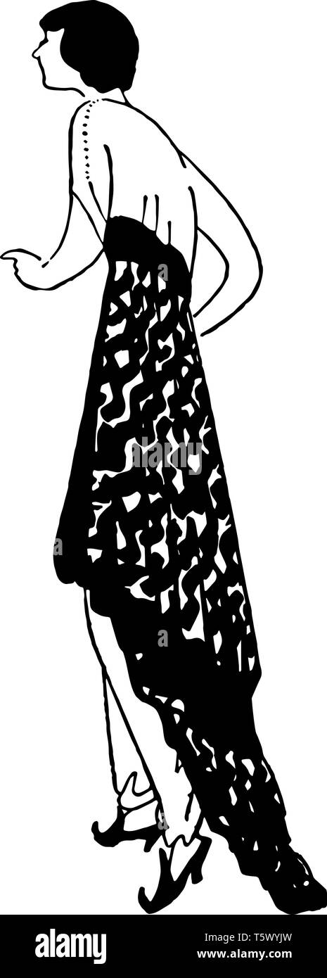 Early 20th Century Dress is a long dress that drapes in the back and long pants vintage line drawing or engraving illustration. Stock Vector
