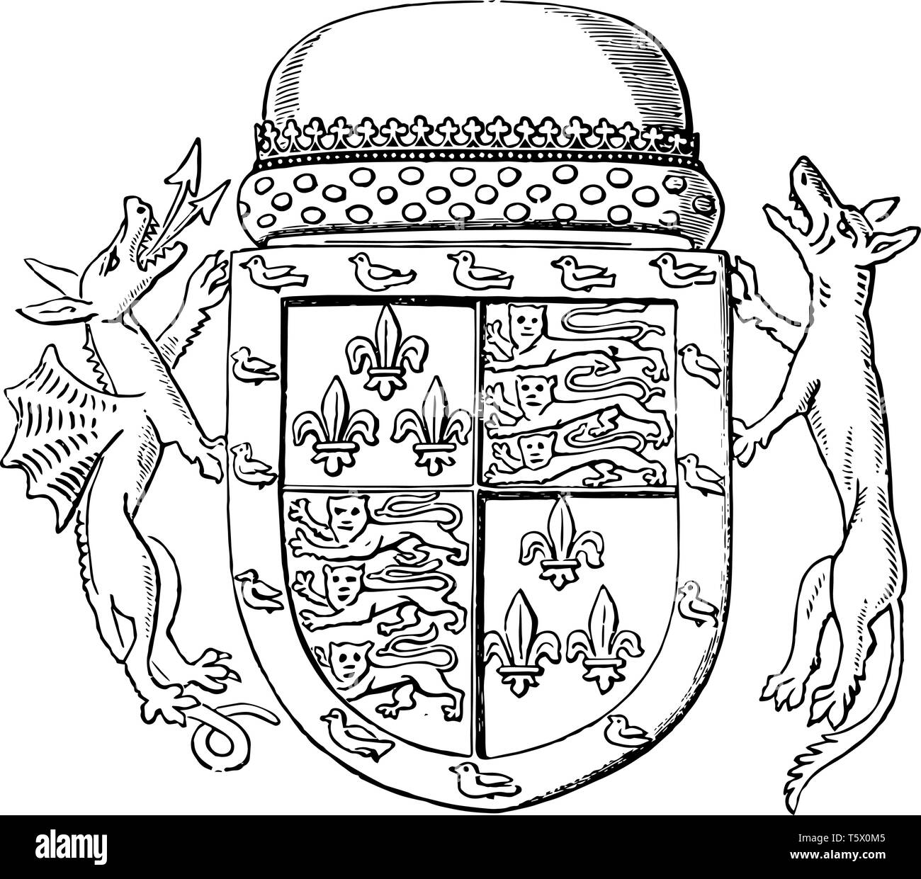 Shield of Jaspar Tudor are second son of Queen Catherine and Owen Tudor vintage line drawing or engraving illustration. Stock Vector