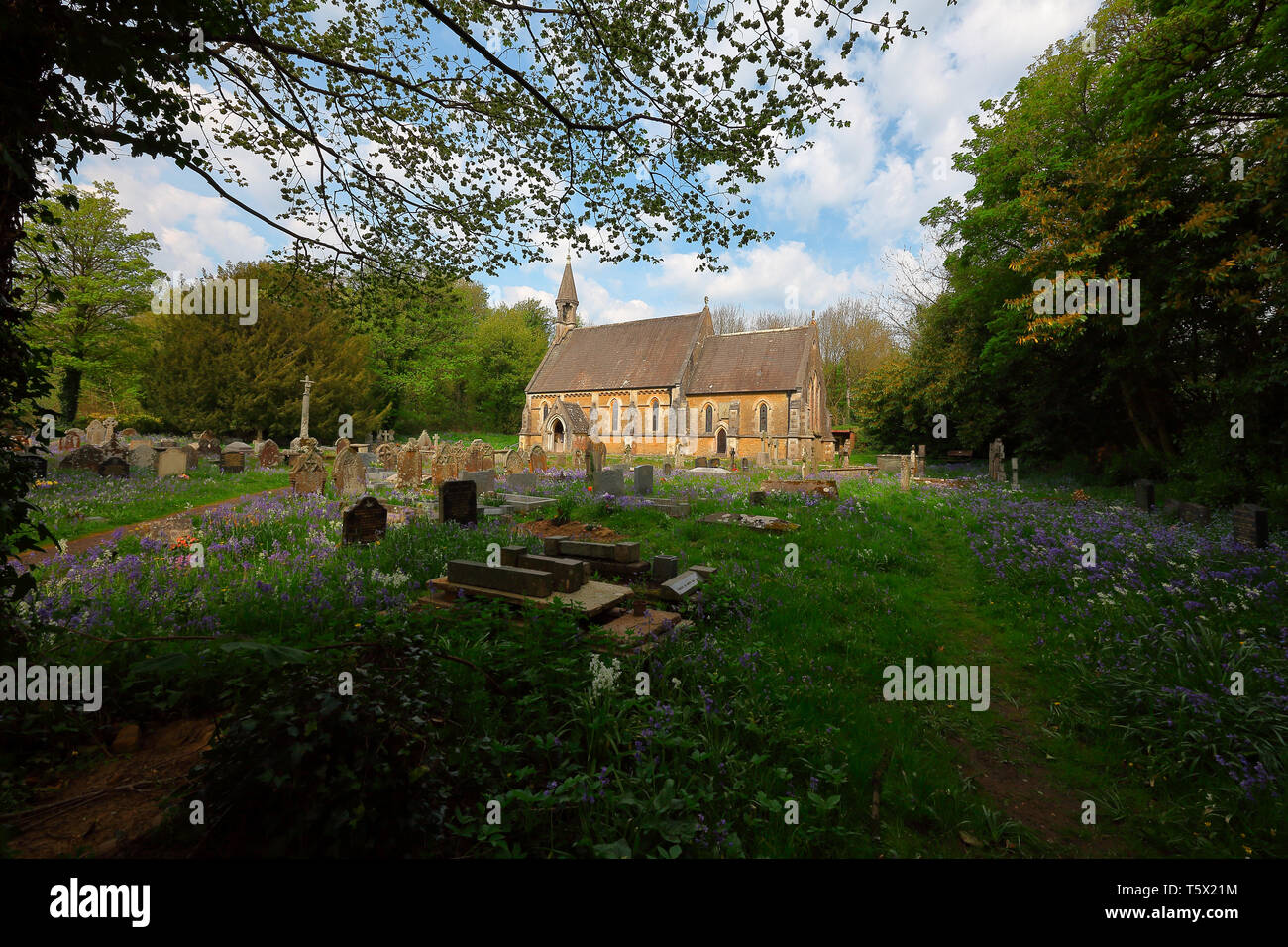 A beautiful little church out near the sand dunes of Merthyr Mawr near Bridgend in its own grounds and well kept area. Stock Photo