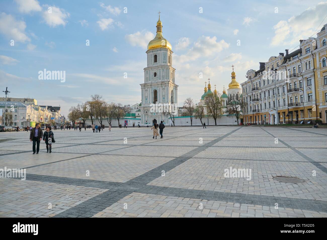 Kyiv UA, 17-04-2019. Historical and tourist center of Kyiv, St. Sophia Square, St. Sophia Cathedral, bell tower, unesco monument, city in spring. Stock Photo