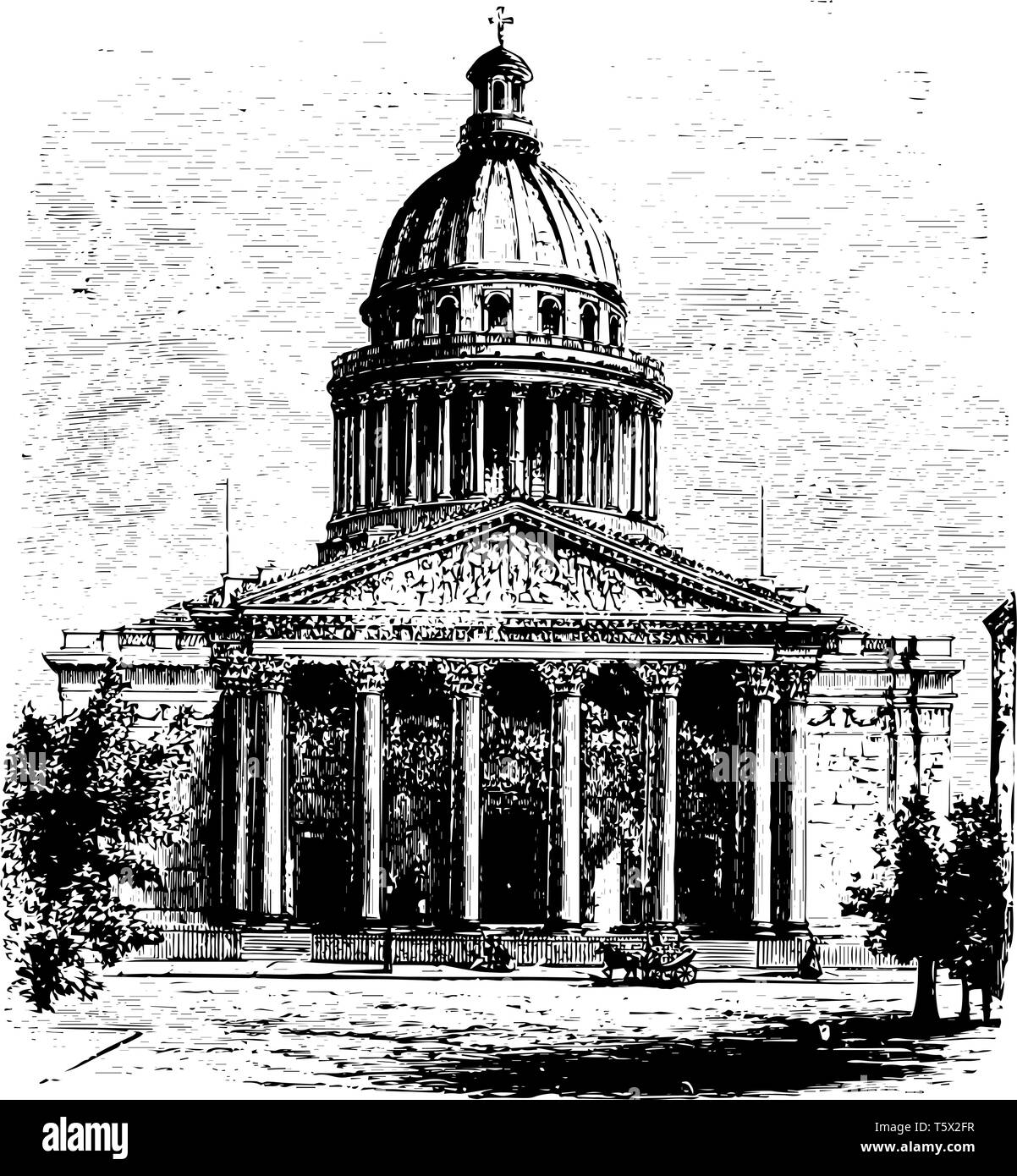 West Front of the Pantheon at Paris burial place church cyrpt France Renaissance architecture vintage line drawing or engraving illustration. Stock Vector