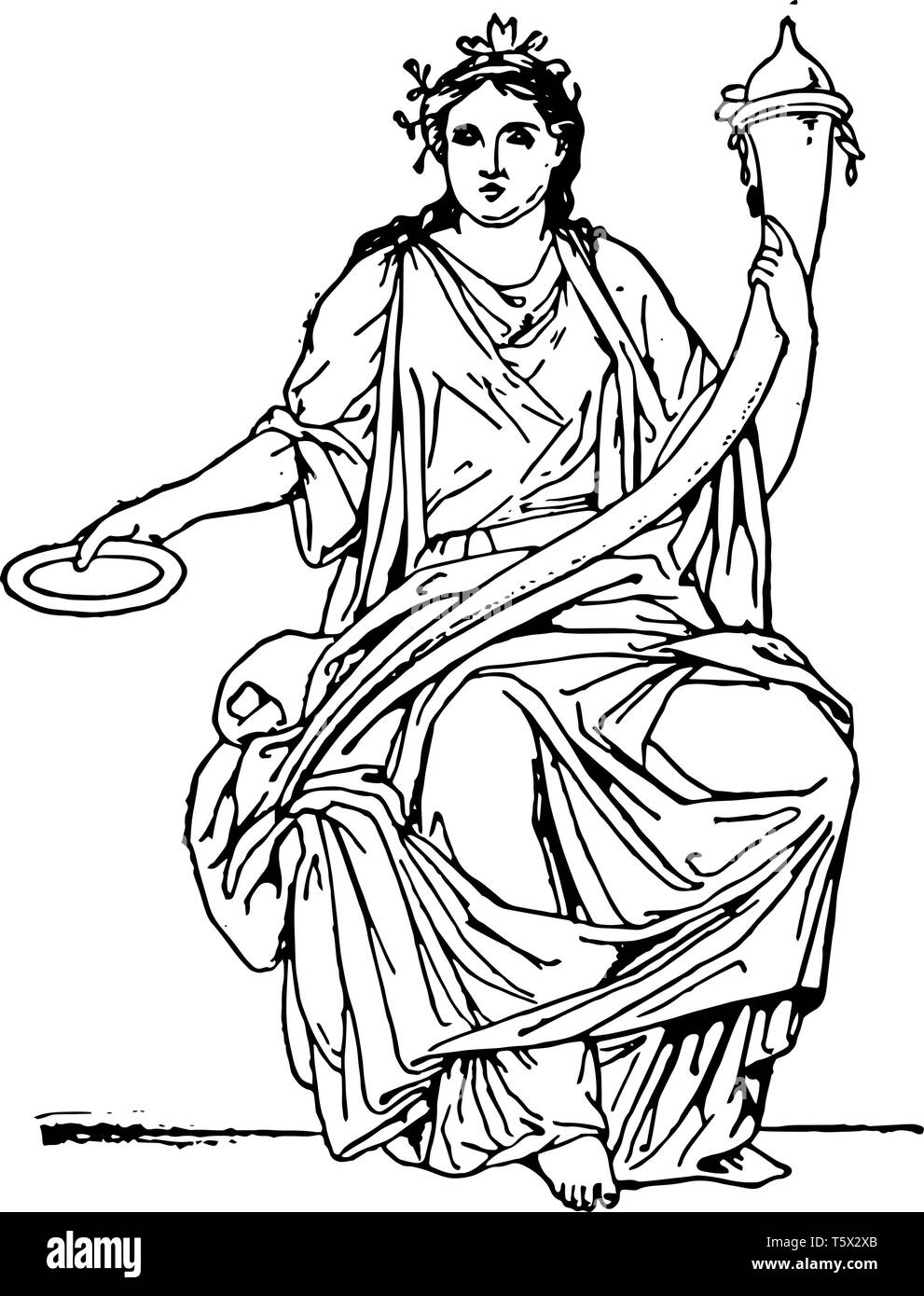 In this picture this is The Fortuna the goddess of chance in Roman mythology. She has holding something in her both hands vintage line drawing or engr Stock Vector