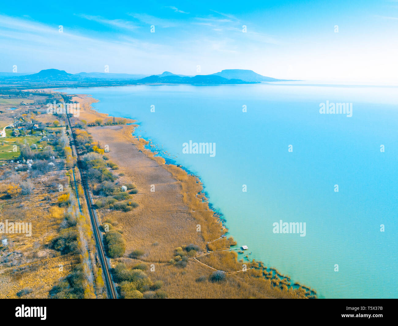 Aerial view of Balaton lake and lakeshore. Balatongyörök, Hungary Stock