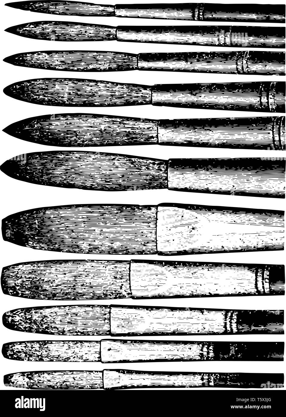 Fresco Bristle Brushes are round shaped with either short vintage line drawing or engraving illustration. Stock Vector