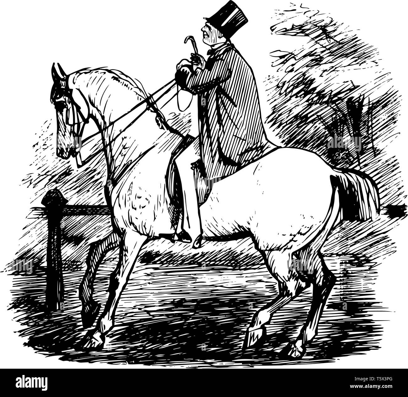 A man riding on horse vintage line drawing or engraving illustration ...