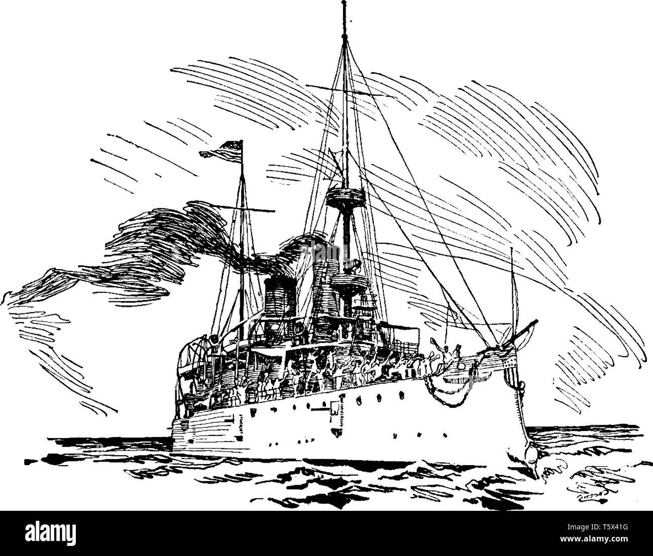United States Protected Cruiser USS Olympia was a protected cruiser in the United States Navy during the Spanish American War, vintage line drawing or Stock Vector