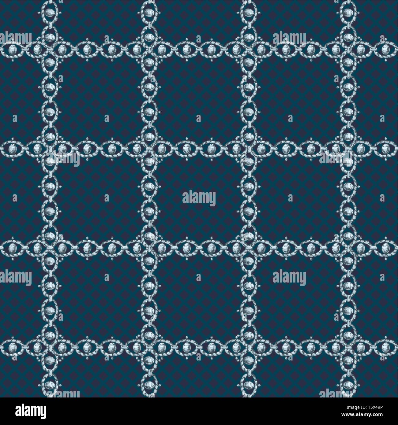 Seamless pattern with retro hand-drawn sketch silver chain on dark ...