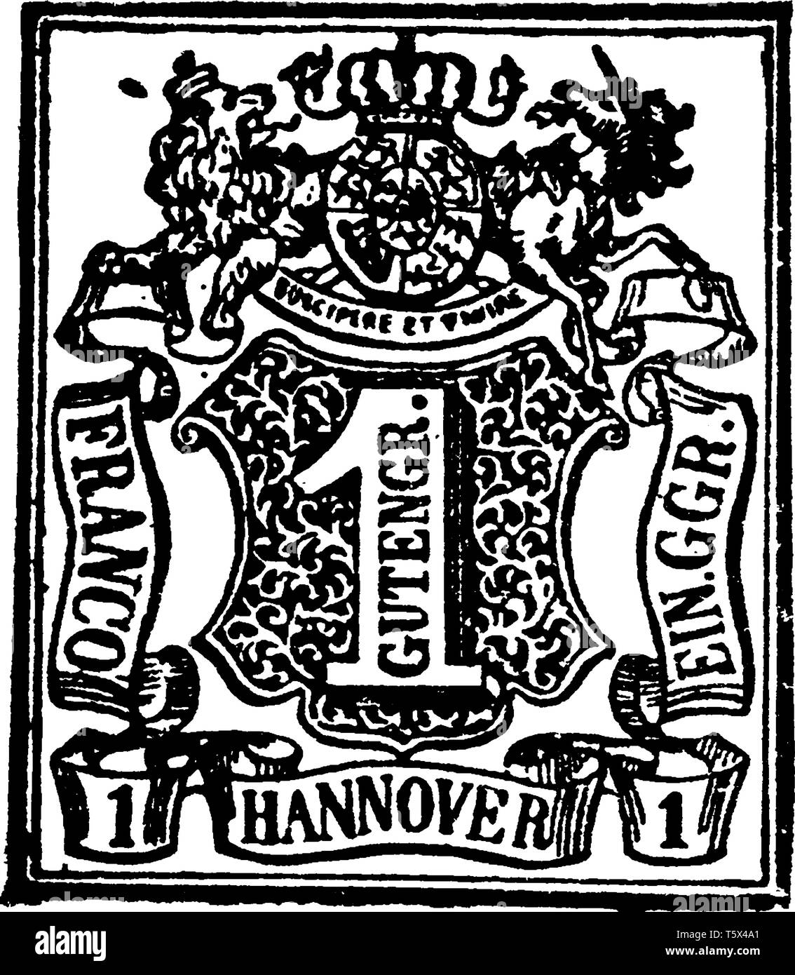 Hanover 1 Gutengr Stamp in 1850 is a French term referring to an intricate network of fine lines, vintage line drawing or engraving illustration. Stock Vector