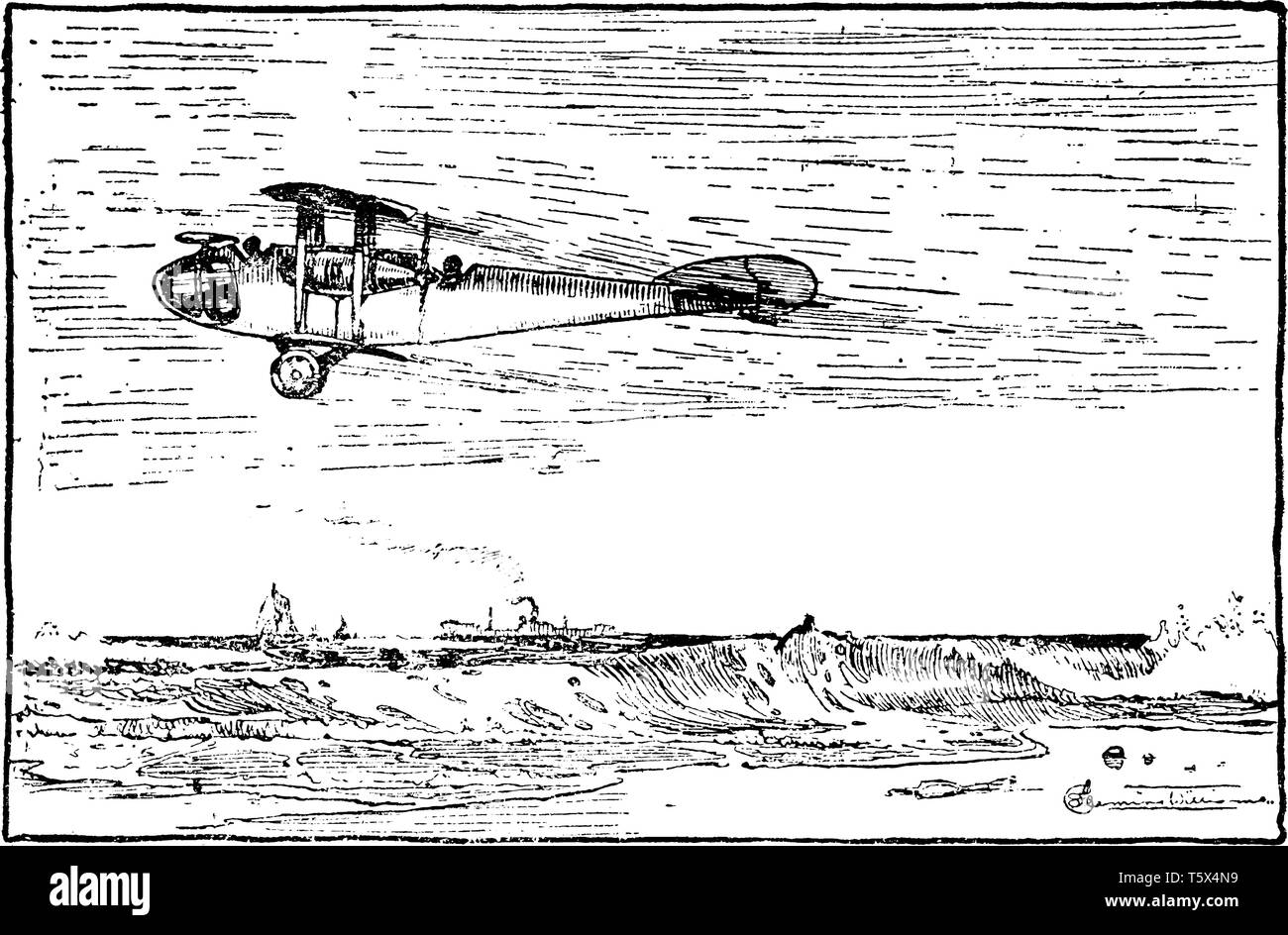 Airplane Flying above Shore in which the aerodynamics of the plane with the tail wing at the same angle as the main body, vintage line drawing or engr Stock Vector