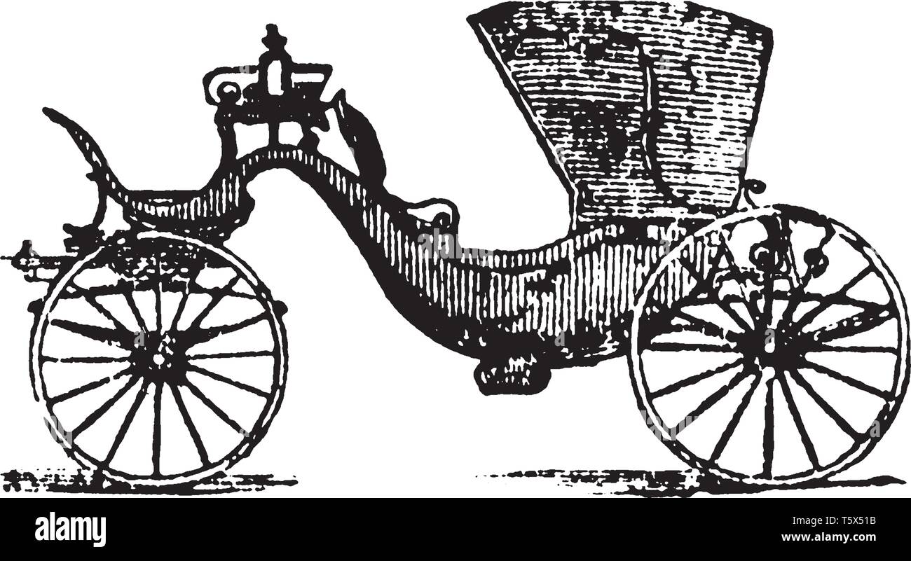 Brett is a long four wheeled pleasure carriage with a calash top and seats 4 and a driver, vintage line drawing or engraving illustration. Stock Vector