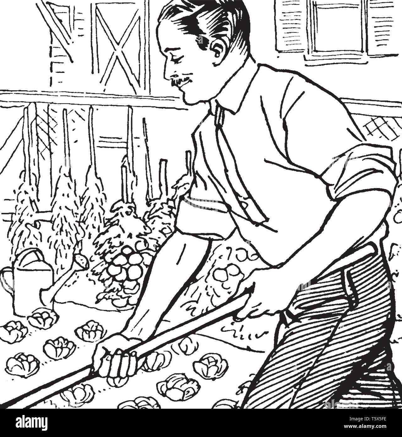 A man working in garden, vintage line drawing or engraving illustration