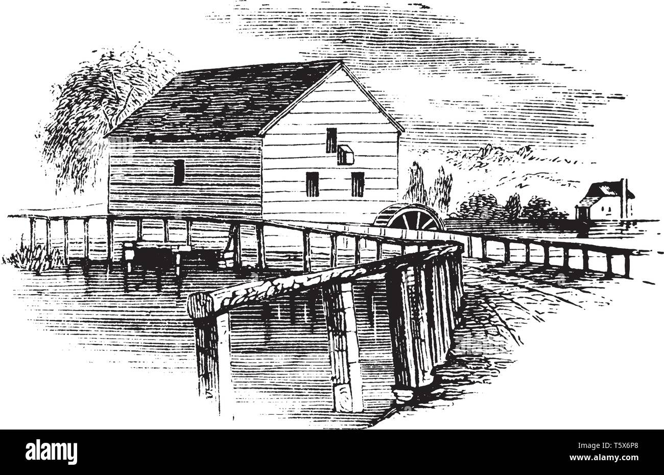View of the old mill of the Revolution, ,vintage line drawing or ...