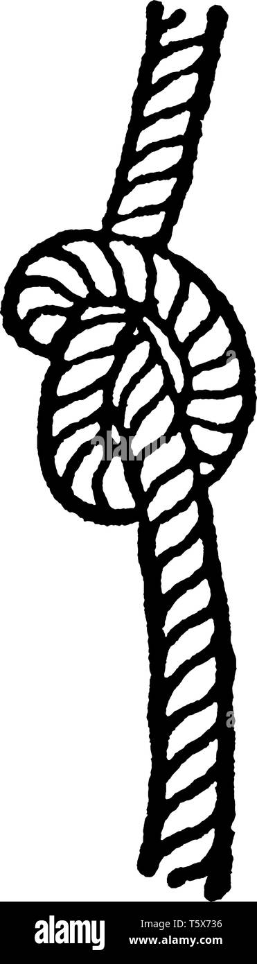 Overhand Knot which is used at the end of ropes to prevent their unreeving and as the commencement of other knots, vintage line drawing or engraving i Stock Vector