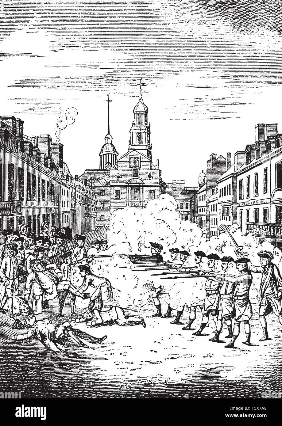 Boston Massacre, was as Incident  in which British Army soldiers shot and killed people,vintage line drawing or engraving illustration. Stock Vector