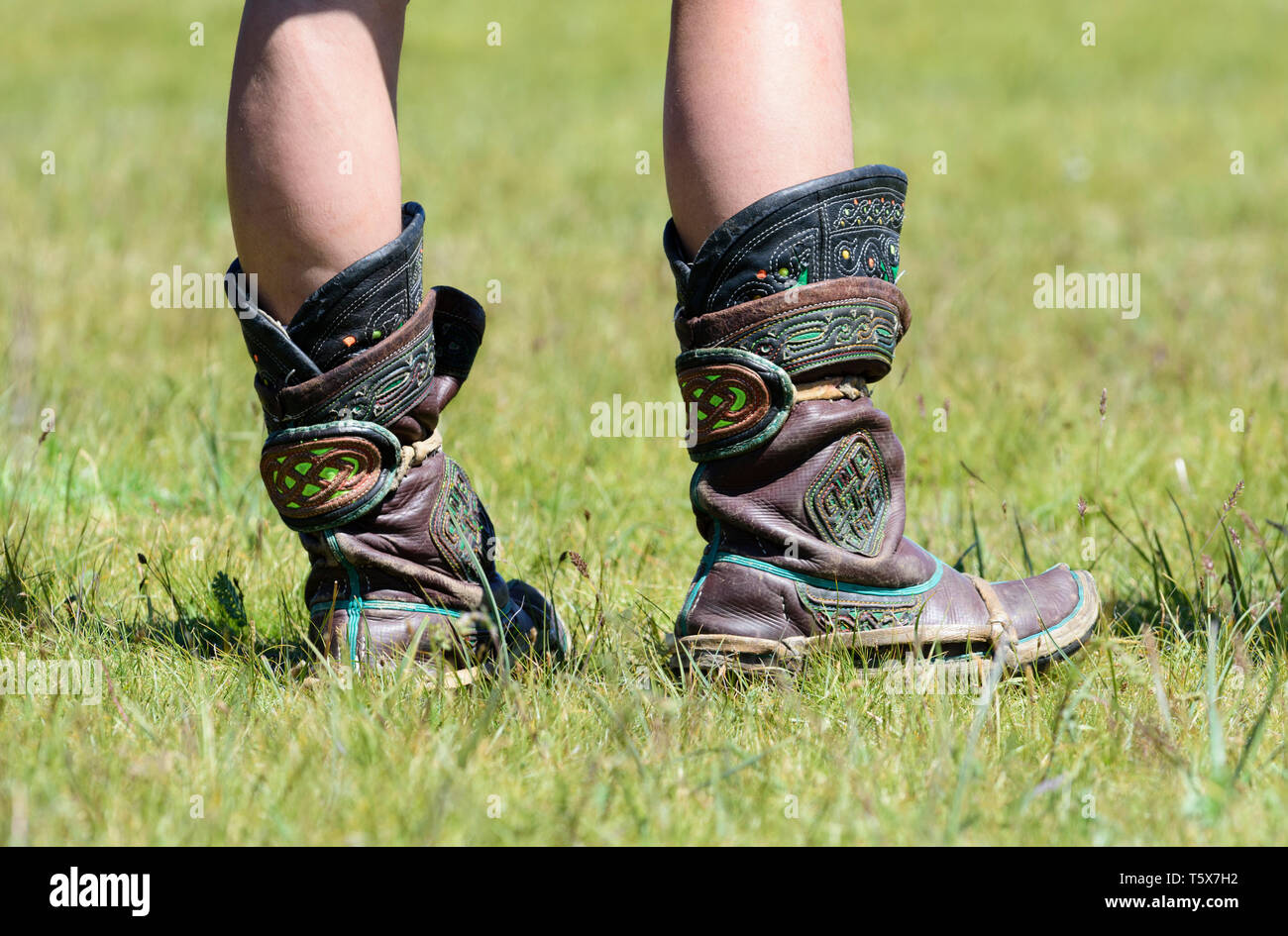Naadam Festival in Khatgal, Mongolia. Boots of a wrestler Stock Photo