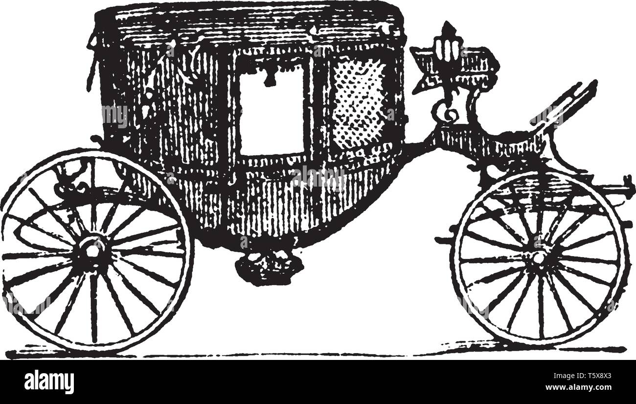 Calash is a light carriage on low wheels seats 4 inside and can through a movable top and front be used as either a closed or open vehicle, vintage li Stock Vector