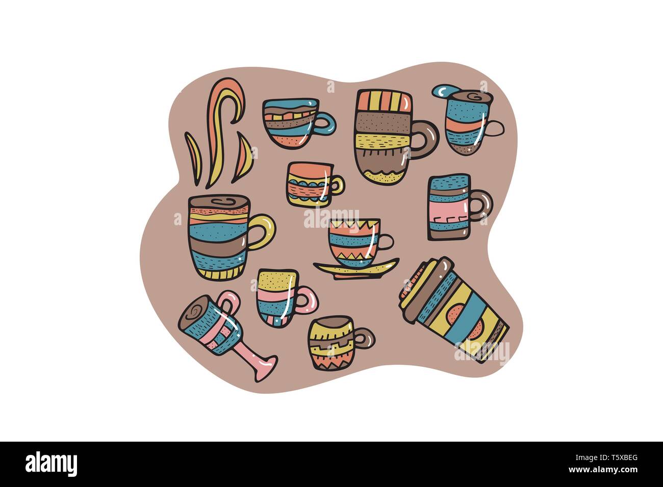 Collection with coffee mugs. Set of cups with hot beverage in doodle style. Poster template. Vector illustration. Stock Vector