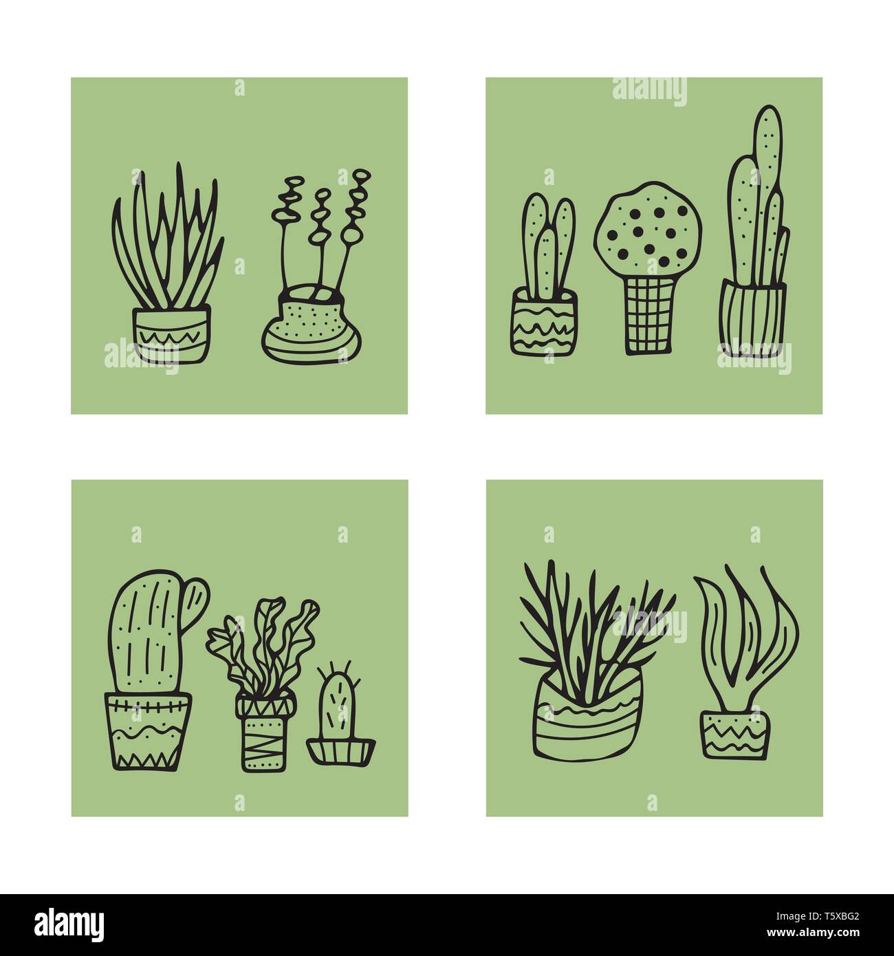 Succulents in doodle style. Set of house plants. Poster, banner ...