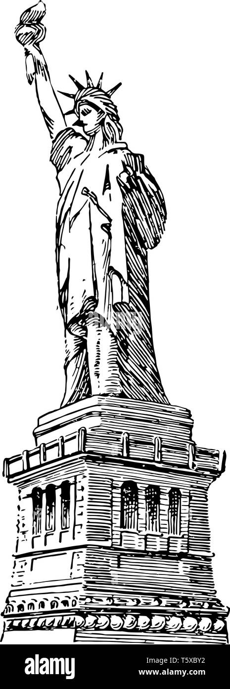 The Statue of Liberty is one of the 7 wonders of world. The Statue of Liberty is a figure of a robed woman representing Libertas a Roman goddess. She  Stock Vector