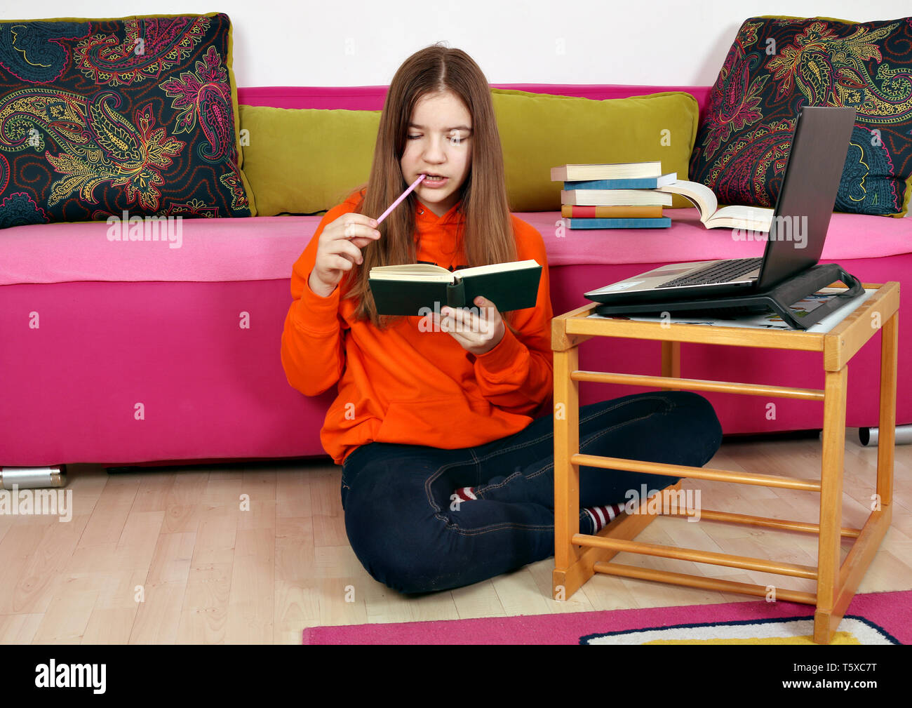 Study In Girl teenage girl studies with a laptop and a book at home Stock Photo - Alamy