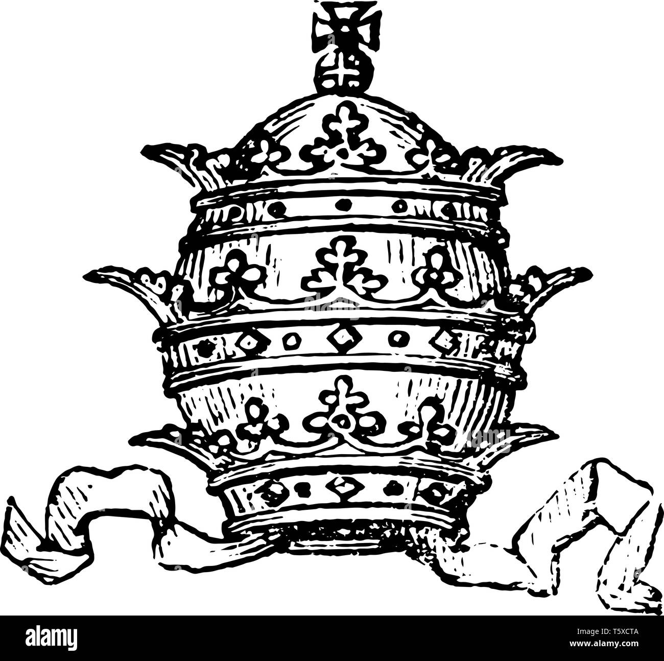 Tiara have a Pope's mitre with its triple crown, vintage line drawing or engraving illustration. Stock Vector