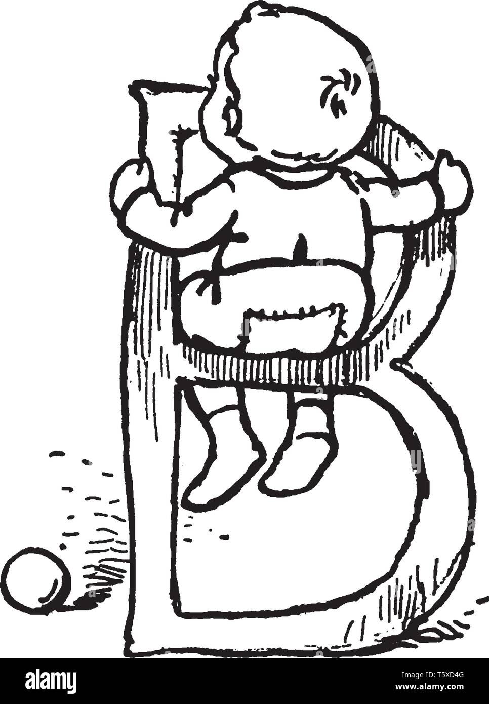 A capital letter B with baby and ball, vintage line drawing or