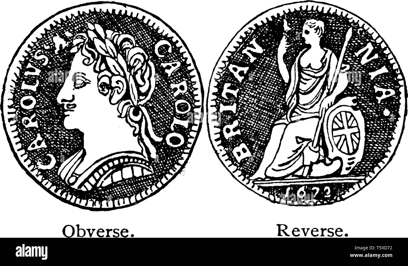 Obverse and Reverse Sides of Farthing of Charles II was an English coin equal to one quarter of a penny, vintage line drawing or engraving illustratio Stock Vector