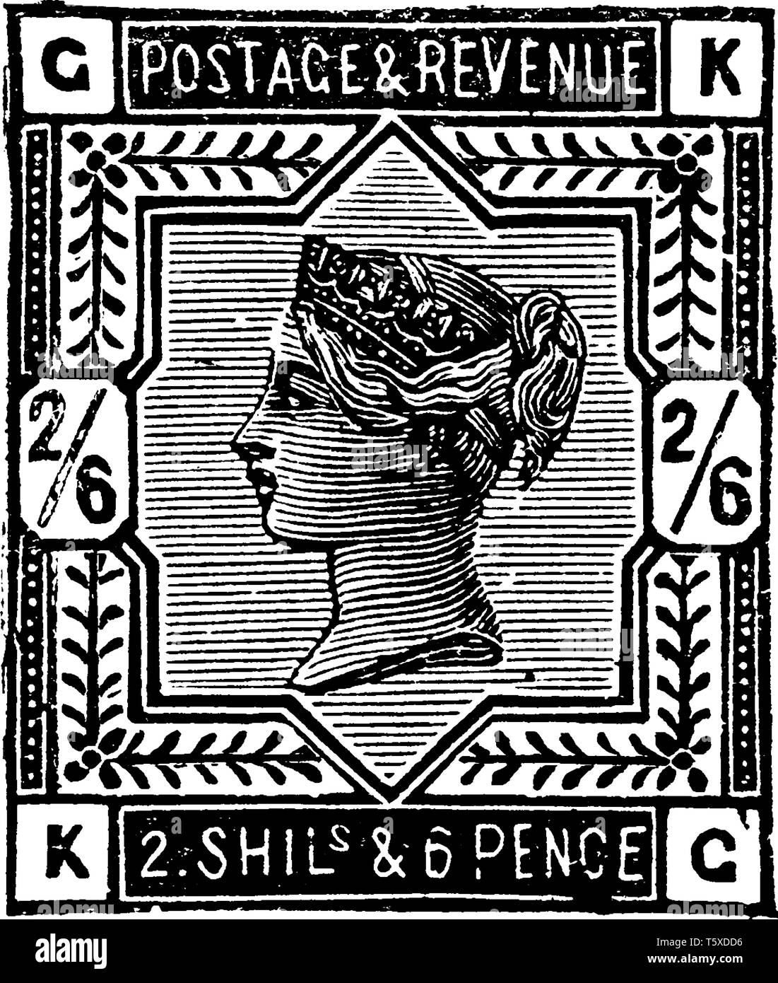 This image represents Great Britain and Ireland Two Shillings Six Pence Stamp from 1883 to 1884, vintage line drawing or engraving illustration. Stock Vector