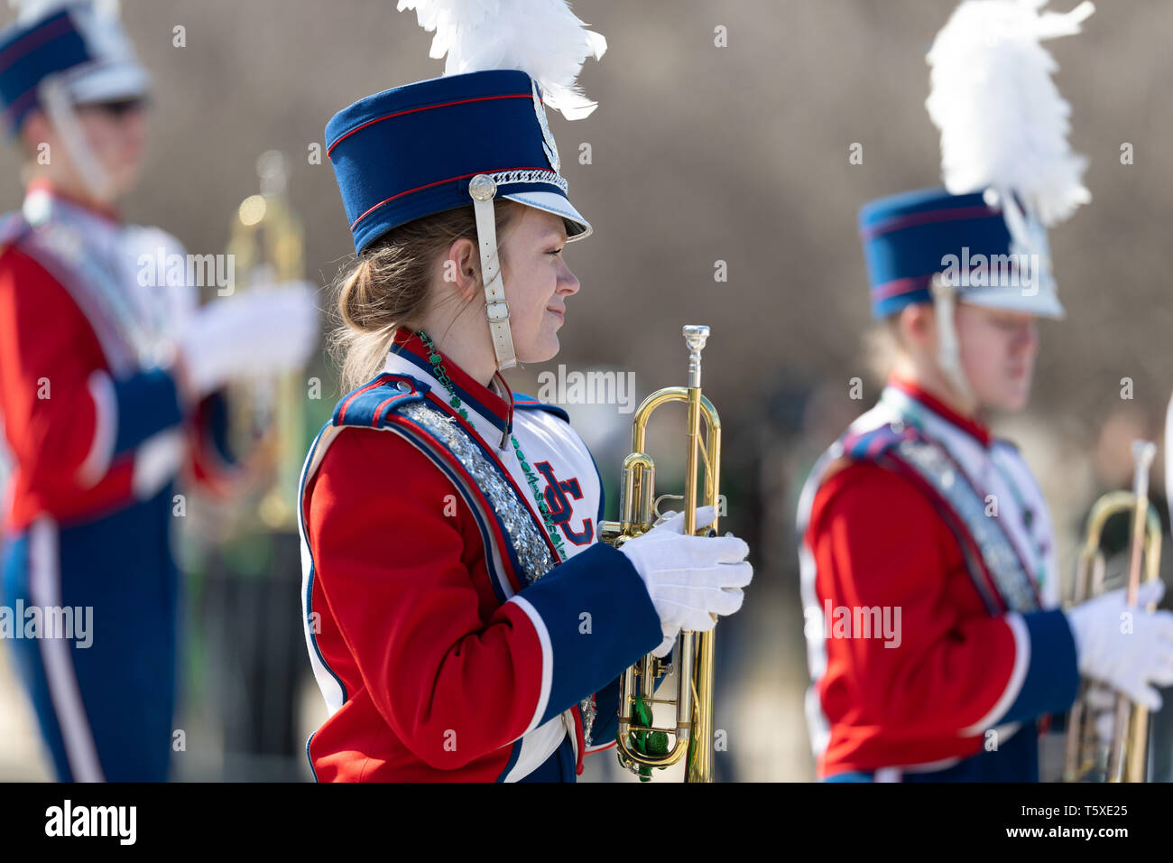 Chicago, Illinois, USA - March 16, 2019: St. Patrick's Day Parade, The Jennings County High School Band, Marching Pride, going down Columbus drive at  Stock Photo