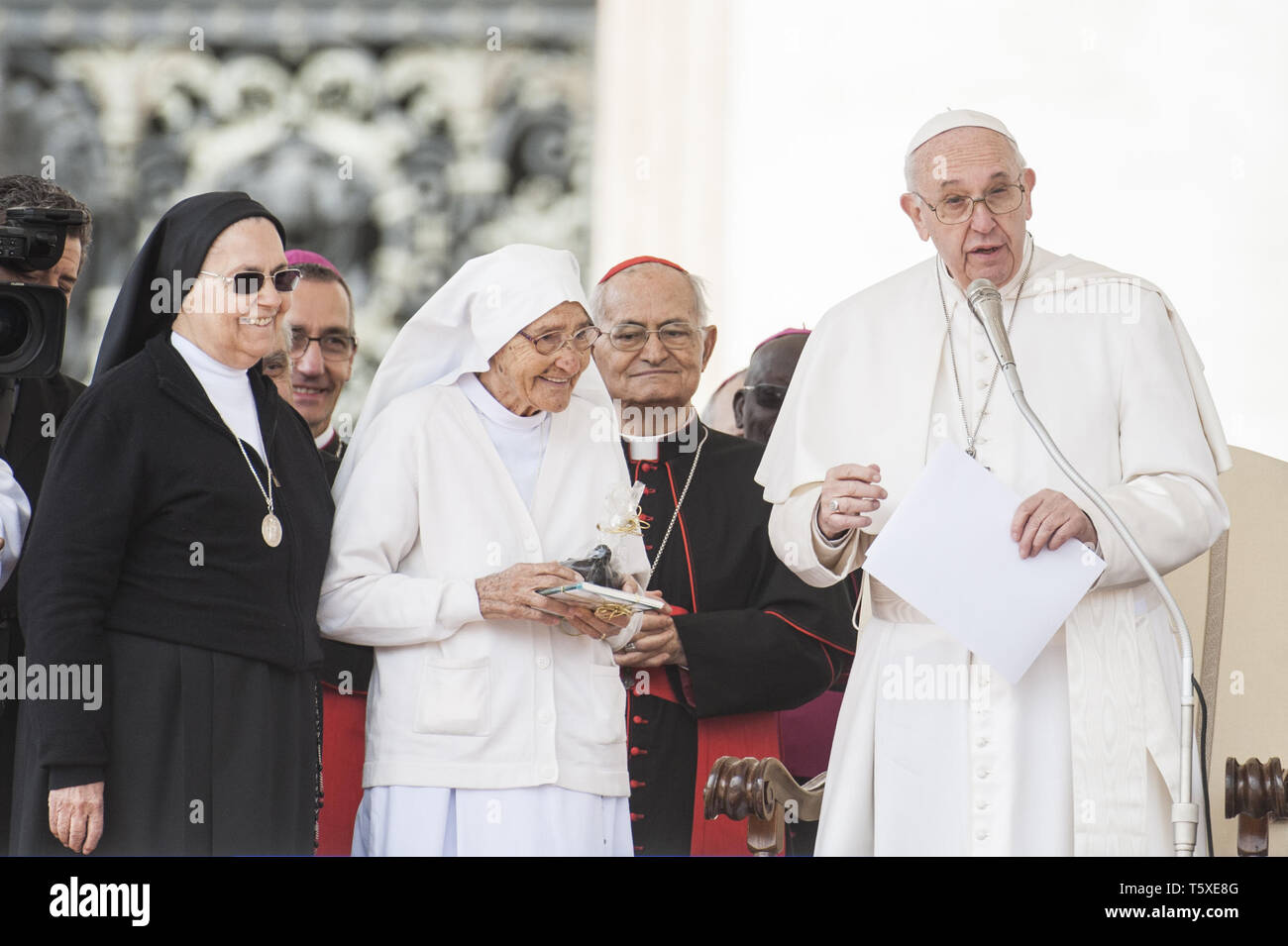 Pope Francis greets sister Maria Concetta Esu, missionary in the Republic  of Central Africa, during the weekly general audience in Saint Peter's  Square, at the Vatican. Featuring: Pope Francis, Maria Concetta Esu Where:  Rome, Italy When: 27 Mar 2019 ...