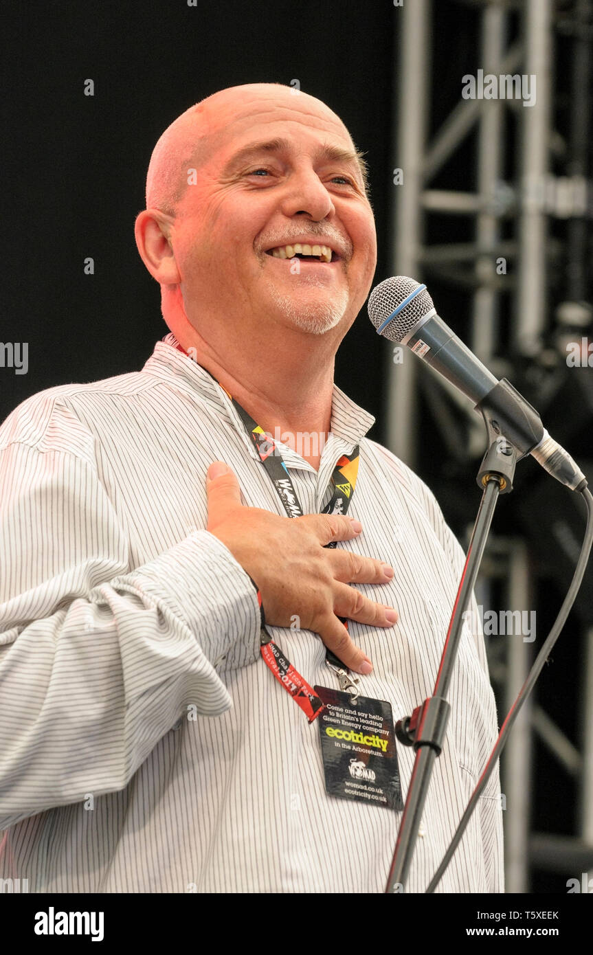 Peter Gabriel speaking at the Womad Festival, Charlton Park, UK, July 26, 2014. Stock Photo
