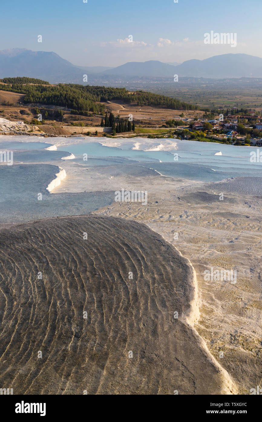 Turkey, Denizli Province, Pamukkale, Hierapolis Pamukkale Archeological Site (UNESCO Site), Natural Travertine Thermal Pools Stock Photo
