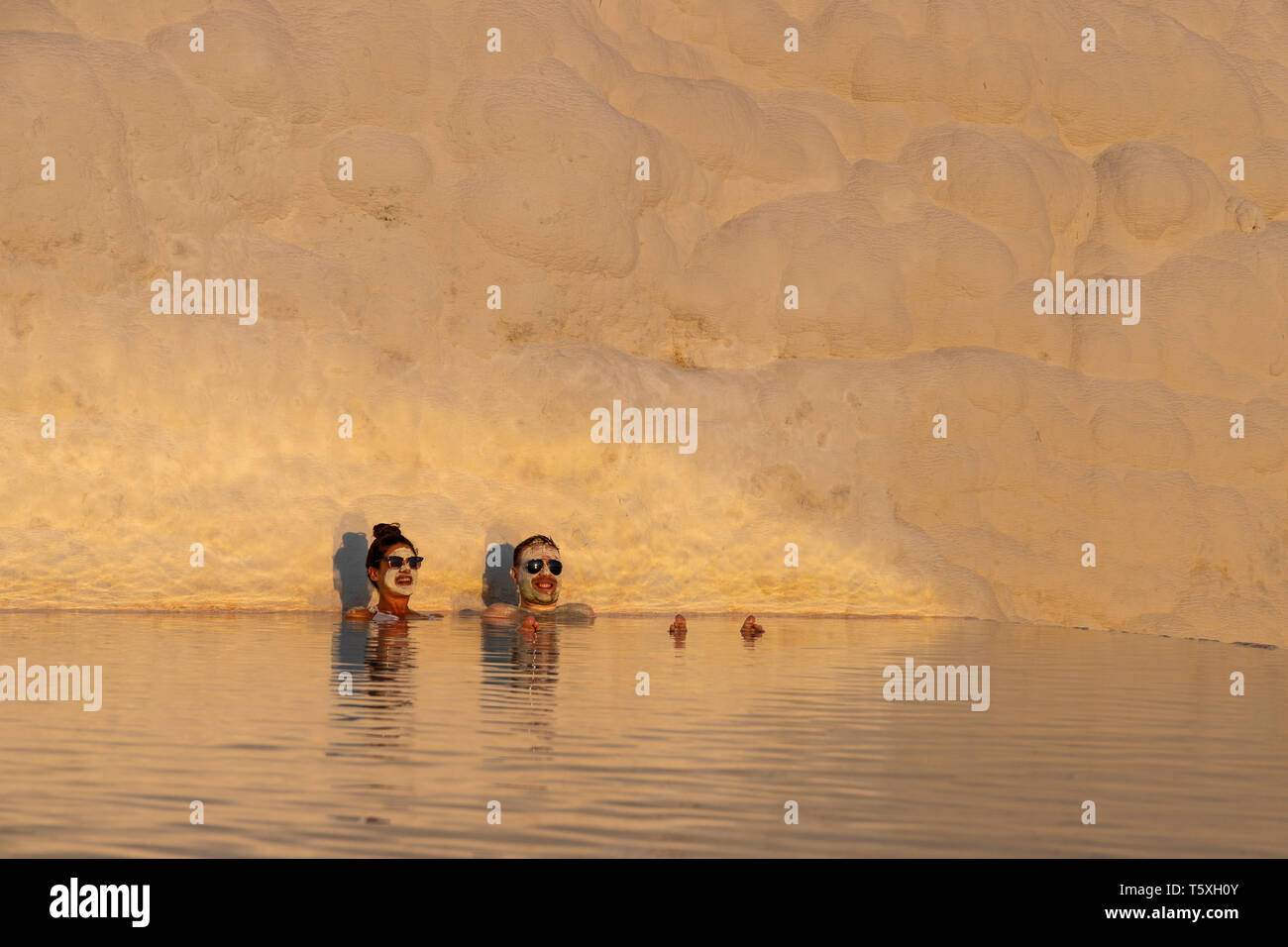 Turkey, Denizli Province, Pamukkale, Hierapolis Pamukkale Archeological Site (UNESCO Site), Natural Travertine Thermal Pools Stock Photo