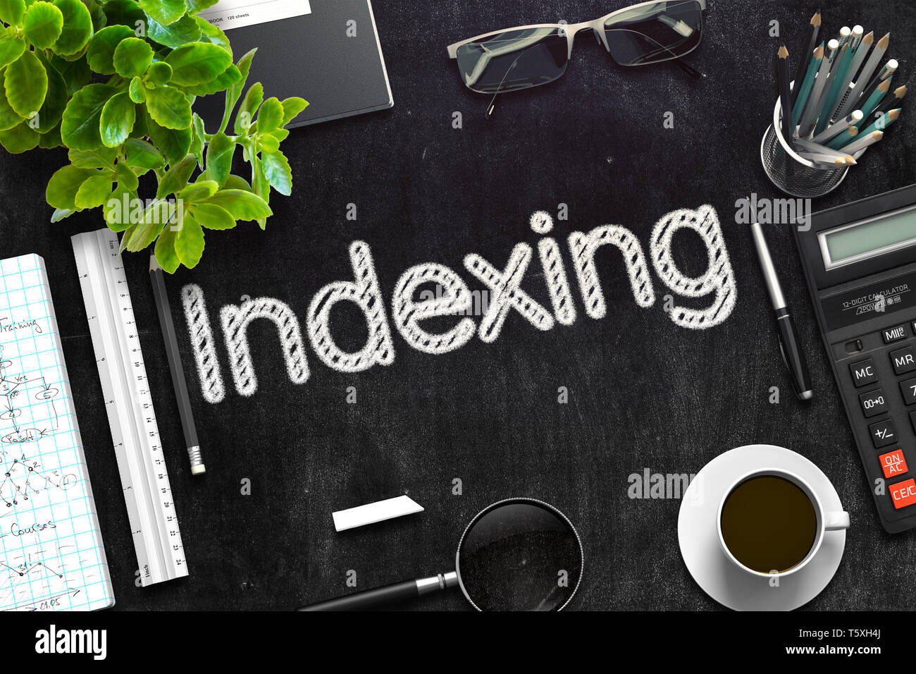 Indexing Concept on Black Chalkboard. 3d Rendering. Toned Image. Stock Photo