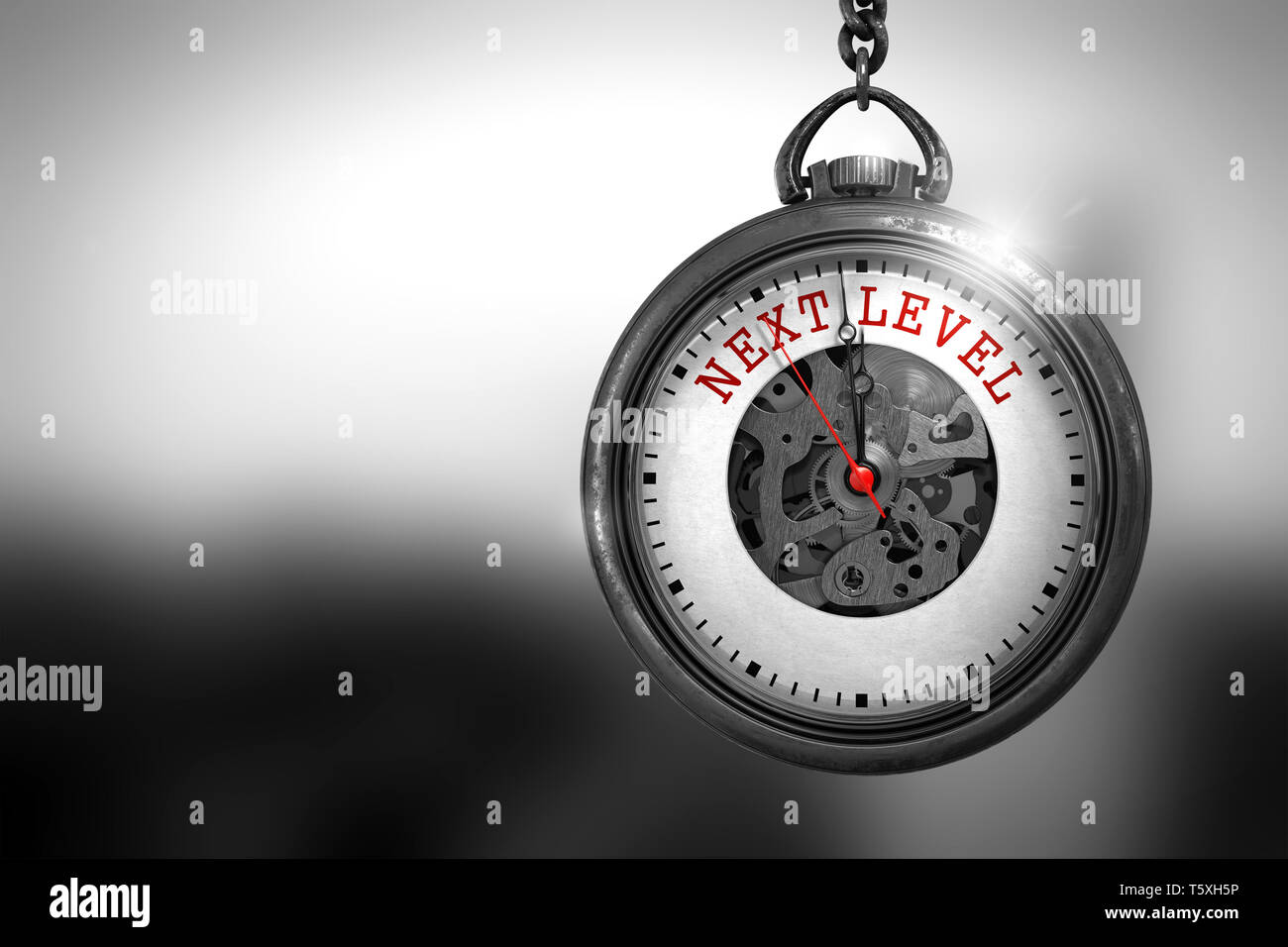 Business Concept: Next Level on Vintage Pocket Watch Face with Close View of Watch Mechanism. Vintage Effect. Watch with Next Level Text on the Face.  Stock Photo