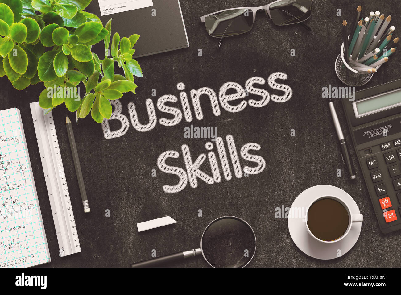 Business Skills. Business Concept Handwritten on Black Chalkboard. Top View Composition with Chalkboard and Office Supplies. 3d Rendering. Toned Illus Stock Photo