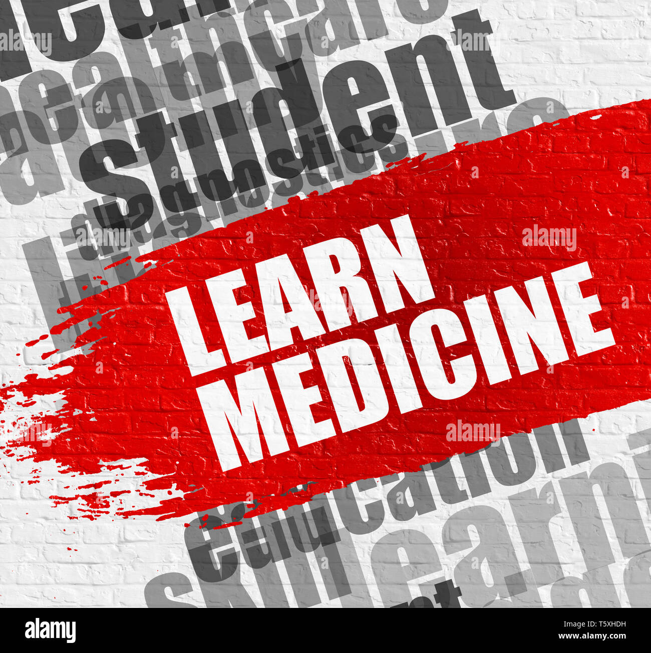 Education Service Concept: Learn Medicine. Red Text on the White Brick Wall. Learn Medicine - on the White Brick Wall with Word Cloud Around. Modern I Stock Photo