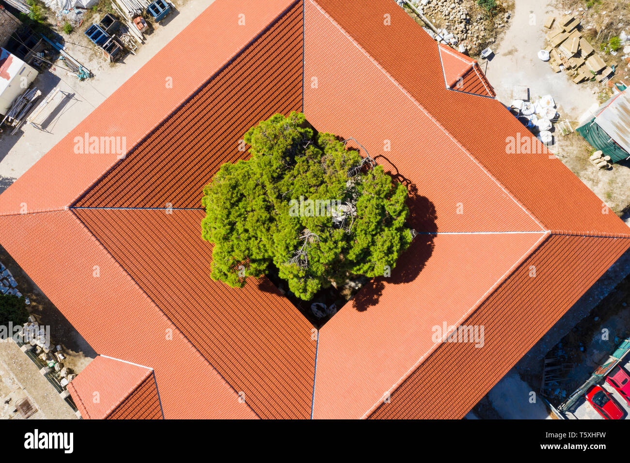 Greece, Rhodes, Rhodes Town, Aerial view of typical house with inner