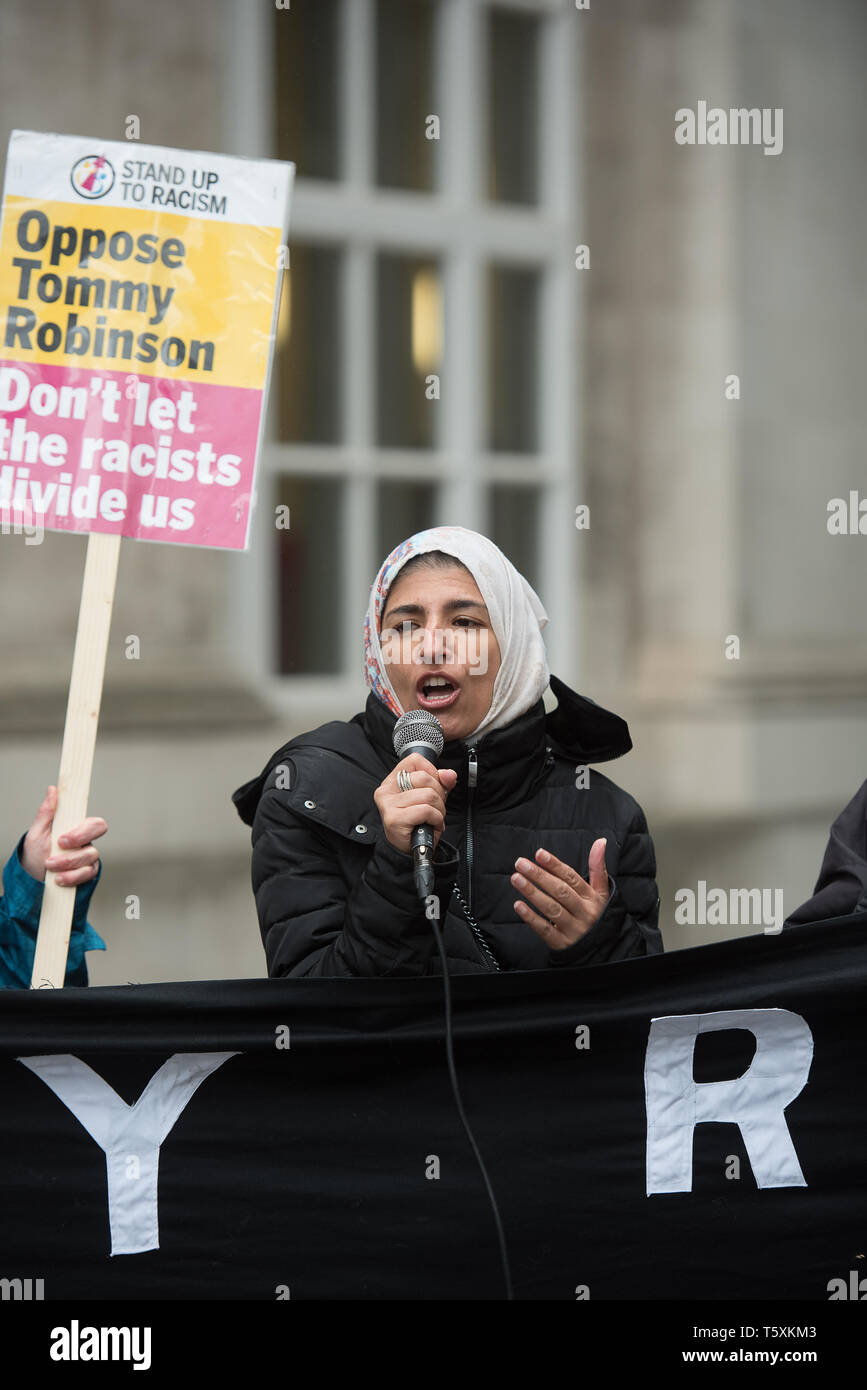 A member of Stand Up To Racism seen speaking during the rally at St Peters Square. Stand Up To Racism members have launched a campaign rally to stop the EU opposition candidate Tommy Robinson from being elected to represent the North West in the European Parliament. Stock Photo
