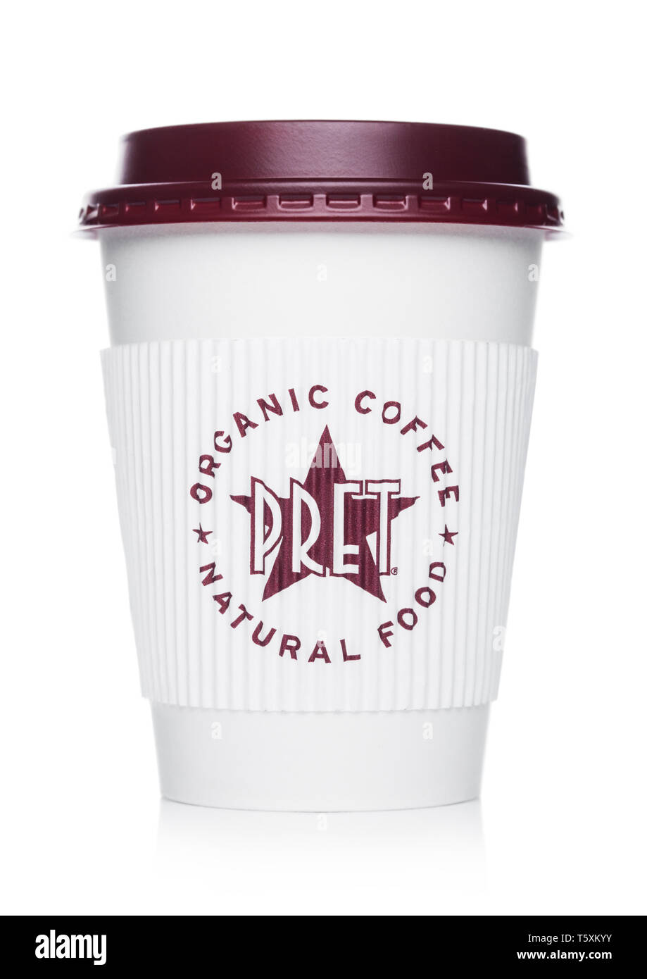 LONDON, UK - APRIL 15, 2019: Pret a Manger Coffee Paper Cup from the famous coffee shop chain with logo in the middle on white. Stock Photo